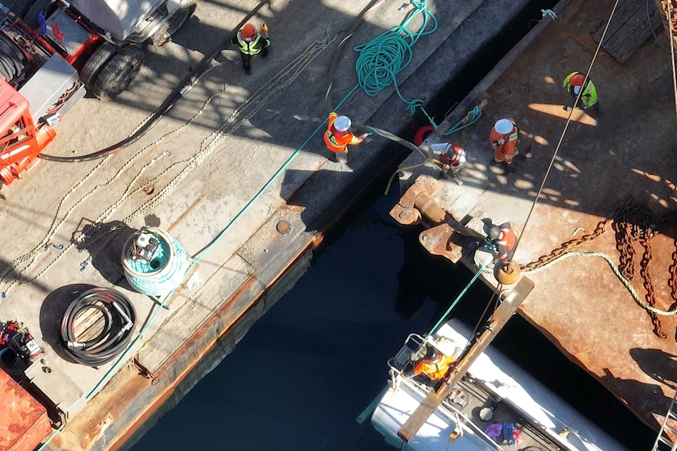 A response between The Ha-ma-yas Guardians, the Canadian Coast Guard and Western Canada Marine Response Corporation raised a sunken diesel tanker off Hardwicke Island last week. Photo courtesy DFO Marine Mammal Response Unit