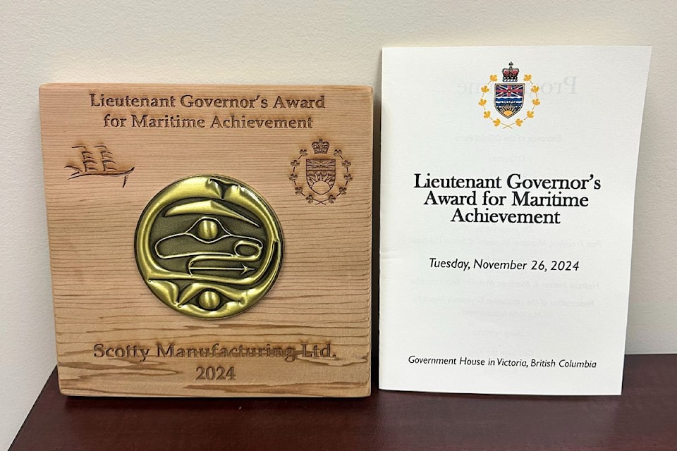 A unique award medallion featuring the artwork of Nusi Ian Reid, a member of the Heiltsuk Nation in Bella Bella, ws awarded Scotty Manufacturing Ltd.