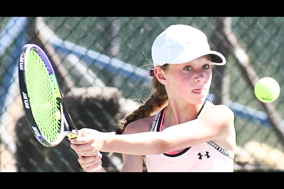  Mia Lemieux, 12,  keeps her eye on the ball during a rally in the recent Penticton Tennis Club Ainsely Tournament. Mark Brett 