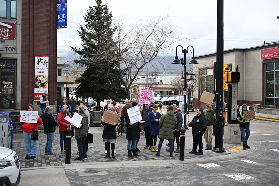 A rally to preserve Nanaimo Square in Penticton on March 31. 