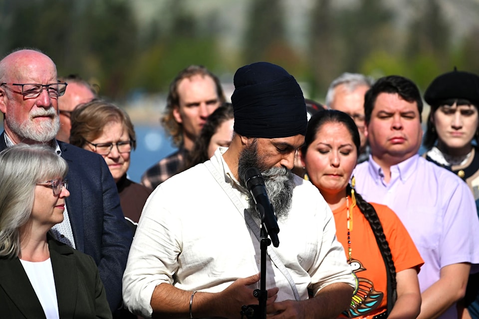 NDP Leader Jagmeet Singh pauses for a moment in Penticton as he answers a question regarding the attack on the Lapu Lapu Festival in Vancouver the night before. 
