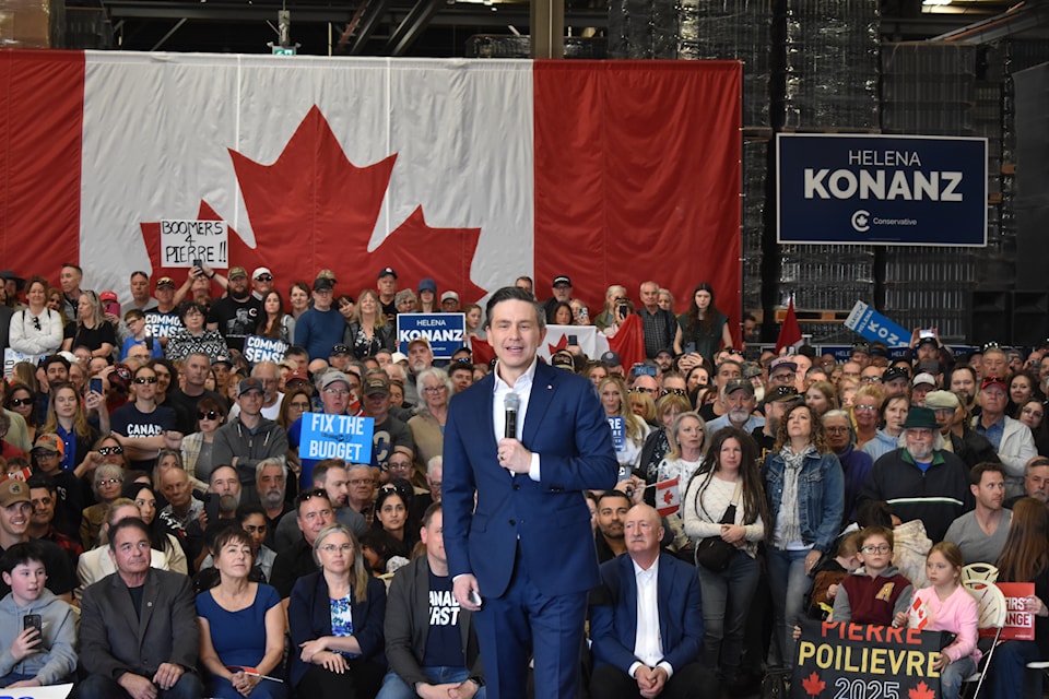 Conservative Leader Pierre Poilievre speaks at his "Canada First" rally in Penticton on April 5, 2025.