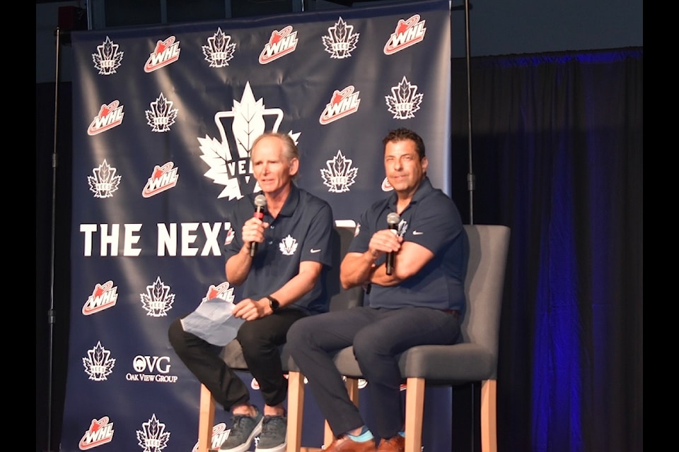 Fred Harbinson (right), general manager, head coach and president of the Penticton Vees, sits alongside majority owner Graham Fraser at the WHL launch party inside the Penticton Lakeside Resort on May 7, 2025. 