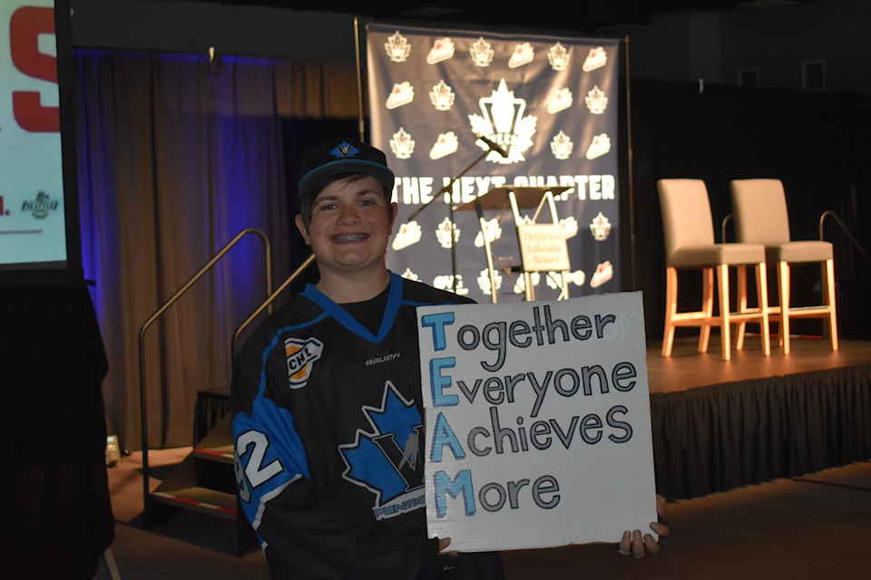 A Penticton Vees fan eagerly awaits the team's first-ever pick in the WHL Prospects Draft on May 7, 2025, inside the Penticton Lakeside Resort.