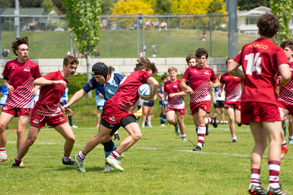 The Newfoundland and Labrador Rugby Union and Penticton Harlequins Junior Rugby Club battle on the pitch at 1101 Kensington St. on May 24, 2025.