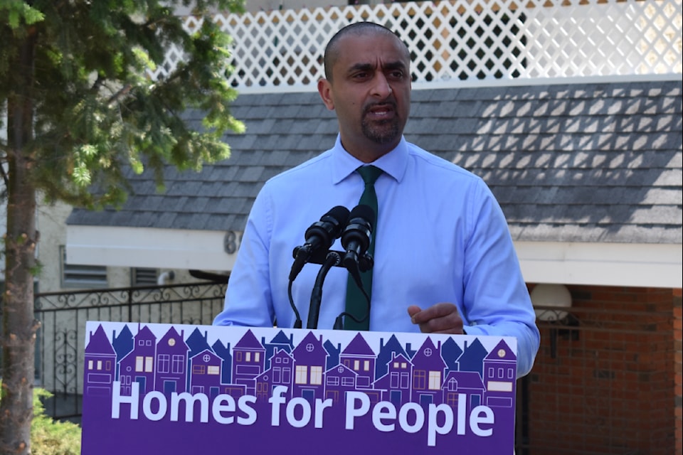Minister of Housing and Municipal Affairs Ravi Kahlon speaks at an affordable housing announcement in front of 608 Wade Avenue in Penticton on June 5, 2025. 
