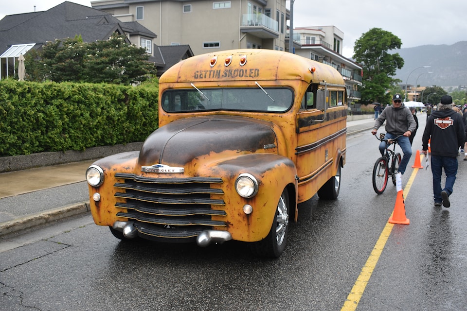 A Chevrolet school bus on Lakeshore Drive in Penticton during the Peach City Beach Cruise on June 21, 2025.