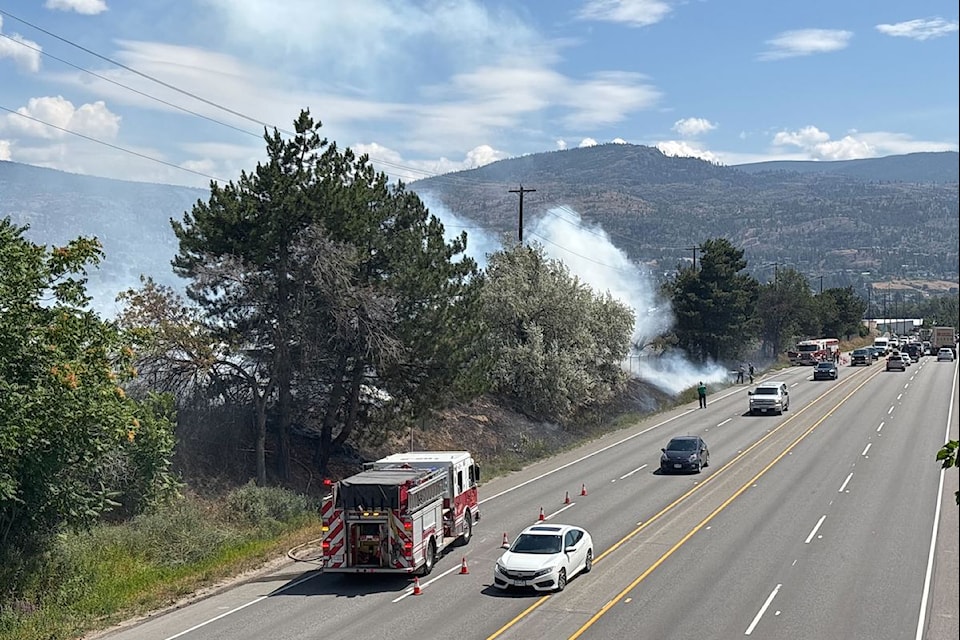 Penticton fire crews are battling a grass fire at Highway 97 and Green Mountain Road on Tuesday, Aug. 5 around 12:40 p.m.