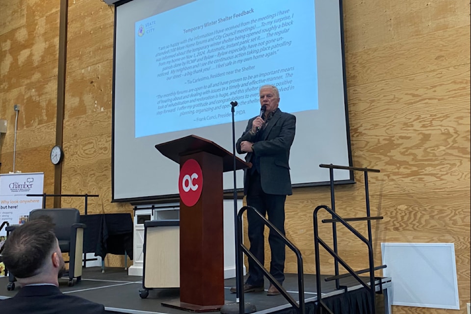 Penticton Mayor Julius Bloomfield delivers his State of the City Address at a local chamber of commerce event inside Okanagan College on Friday, Feb. 7, 2025.