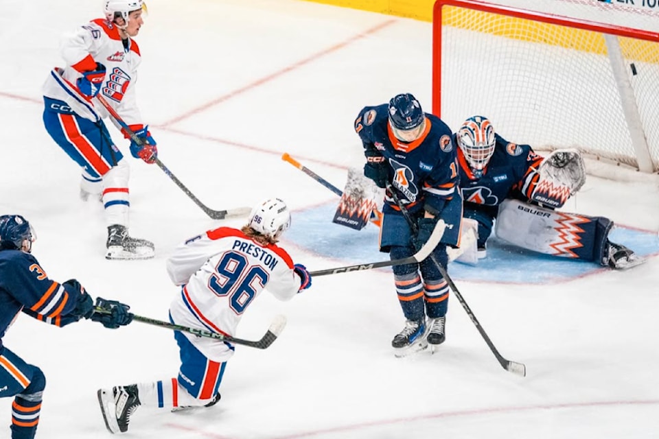 Spokane Chiefs forward Mathis Preston (96) buries a goal against the Kamloops Blazers during the 2024-2025 WHL season.