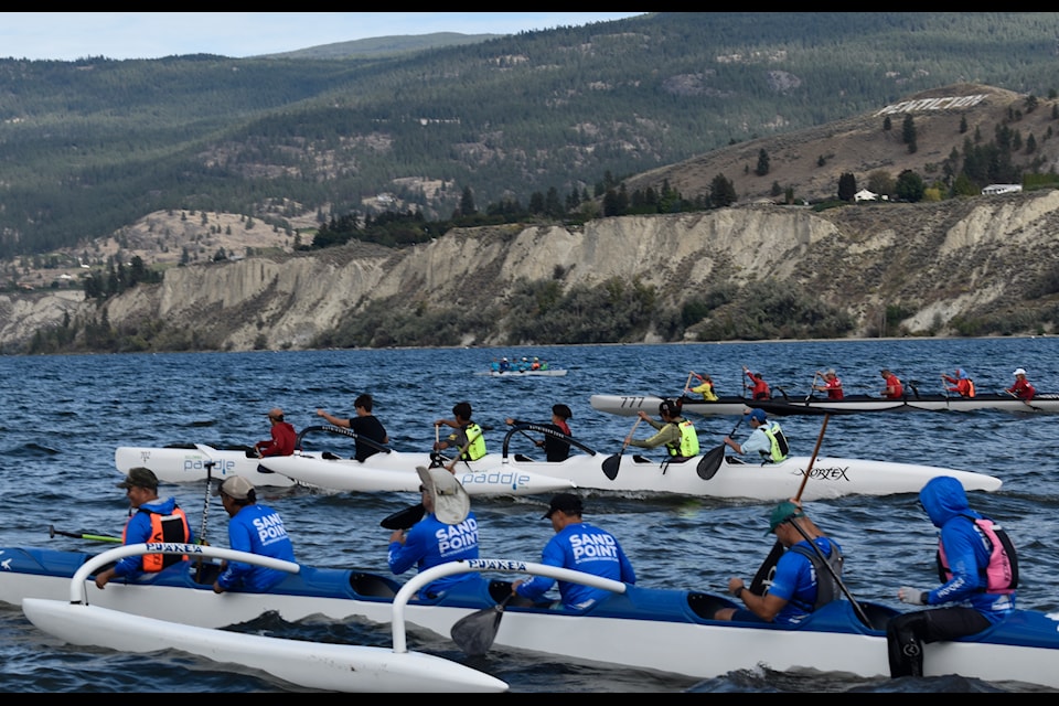 Paddlers from across North America on Okanagan Lake in Penticton for the 2024 Canadian Outrigger Distance Championships.