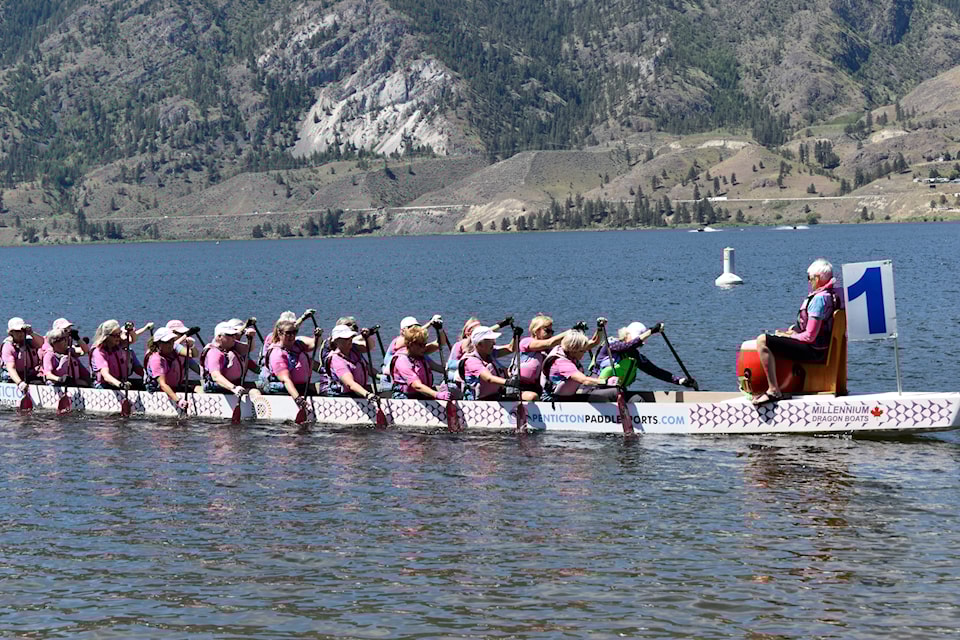 Survivorship, a Penticton-based dragon boat team made up of breast cancer survivors, paddling during Okanagan Super Sprints on Shaka Lake on Saturday, June 8.