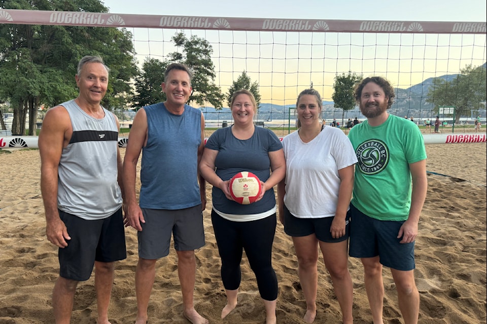 "CUBA" the first-place winner in the Group 1 of Division 'A' in the South Okanagan Volleyball Association. From left to right: Steve Podmorrow, Marcus Toneatto, Karen Finlayson, Lindsay Guza, Scott Finlayson.