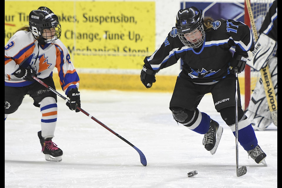 Penticton Fix Auto Ice Breakers Jorja Moore breaks out of her end ahead of Kamloops Ice Breakers Kathryn Benastick in girls atom division tournament action at the South Okanagan Events Centre. Mark Brett/Western News