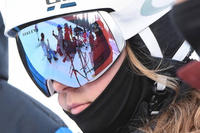The work at the bottom of the run is reflected in the goggles of local skier Kassidy Todd at the Canada Cup selection series event at Apex Mountain. Mark Brett/Western News The work at the bottom of the run is reflected in the goggles of local skier Kassidy Todd at the Canada Cup selection series event at Apex Mountain. Mark Brett/Western News