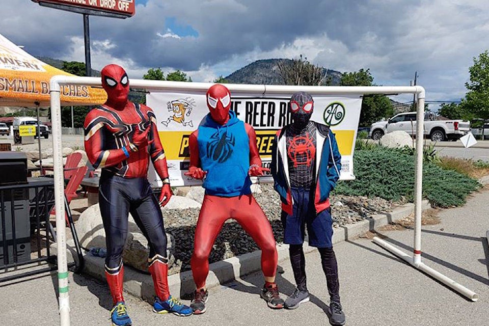 Spiderman is ready to take on the 2019 Penticton Beer Run, stopping to take a photo at the first location, Highway 97 Brewery. (Photo by Jason Lam)