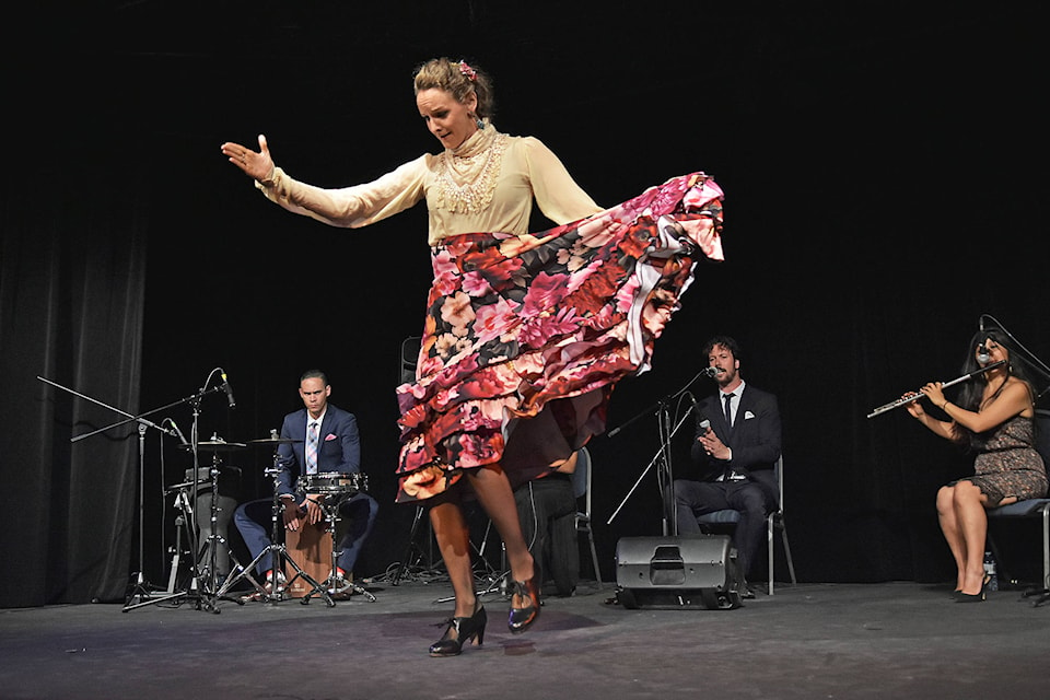 Fin de Fiesta Flamenco’s Lia Grainger taps her toes and heels in a rapid rhythm during the opening number of the troupe’s Shuswap Theatre performance Thursday evening, July 11. The show was the launch of Fin de Fiesta’s Canadian tour. (Lachlan Labere/Salmon Arm Observer)