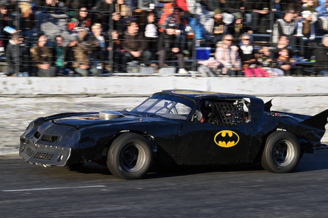 Even Batman and his Batmobile made it out for the final Halloween race at the Penticton Speedway on Sunday. (Brennan Phillips - Western News)
