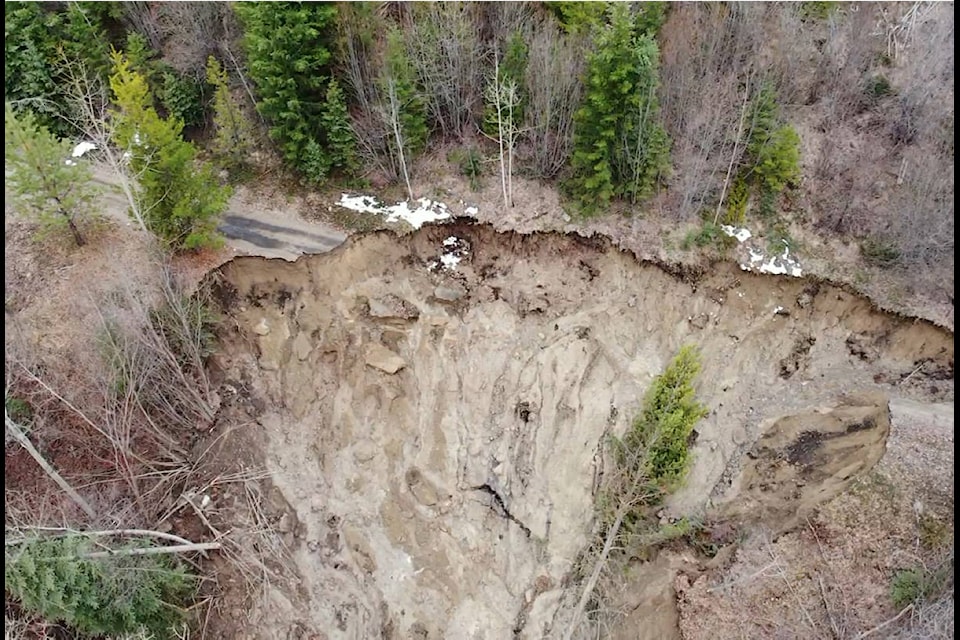 The landslide that closed Princeton Summerland Road and Shinnish Creek Road near Princeton Saturday, April 25, 2020, started at the KVR trail. Drone photo courtesy of Dave Stringfellow, Erris Fire Department.