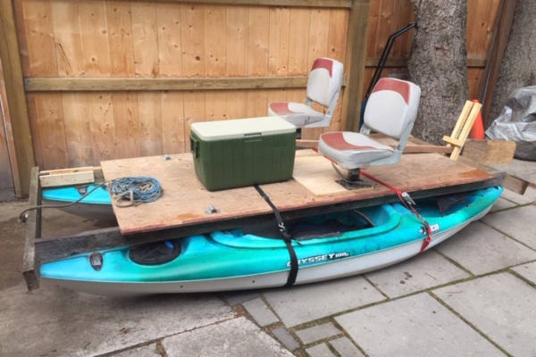 Final version of the HMCV Cat 1, which Bruce McGonigal and Rob Goodine plan to float from Quick to Smithers on this homemade catamaran on the Bulkley River in August. (Contributed photo)