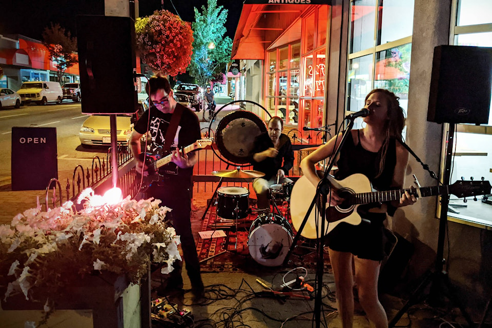 Penticton band Yarrows performed at Saint-Germain Café and Gallery in downtown Penticton for their debut album launch party last Thursday, Aug. 27, in front of a socially distanced crowd that was spread across both sides of Main Street. (Jesse Day - Western News)