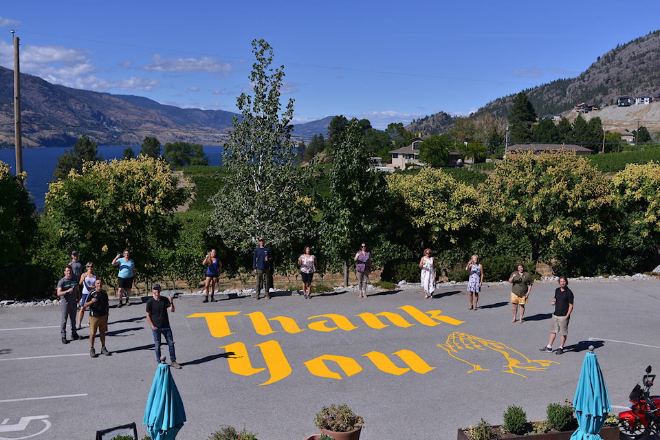 Blasted Church winery in Okanagan Falls has painted a large ‘thank you’ sign as a tribute to those to fought the Christie Mountain wildfire. (Phil McLachlan - Western News)