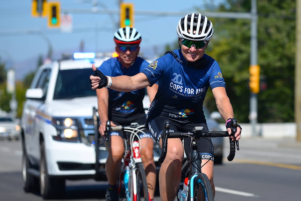Five Penticton-area police officers took part in the annual Cops for Kids bike ride fundraiser Friday (Sept. 11) afternoon. (Phil McLachlan - Western News)
