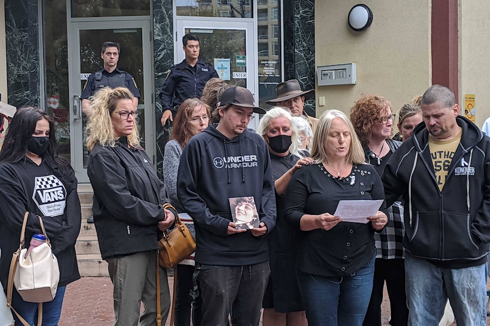 Lorrie Blackmore expressed her and her family’s displeasure for what they see as a light sentence Sept. 23, 2020 in an emotional statement following Kiera Bourque being handed one year in prison for manslaughter in the 2017 death of Penticton’s Devon Blackmore. (Jesse Day - Western News)