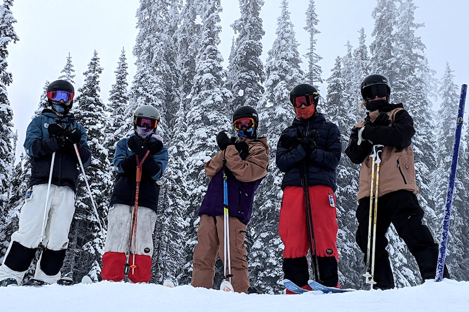 Left to right: Members of Freestyle Apex, Quinn Patton, Grady Farcau, Patrick Parsons and Charlie Roberts with coach Kristi Richards at the top of Apex’s mogul course Sunday, Dec. 13, 2020. (Jesse Day - Western News)
