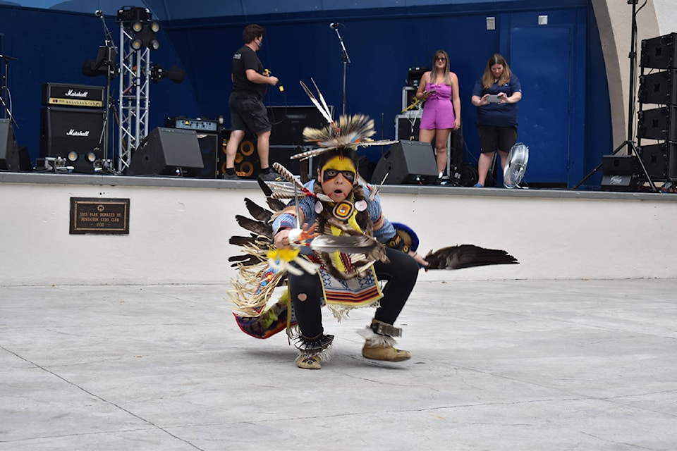 The Bent Family of the Syilx Nation wowed crowds with their dancing and were the headliners performing at the Mini-Peach Festival in Penticton on August 7, 2021. (Brennan Phillips - Western News)