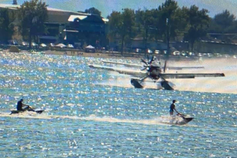 These Seadoos came through the path of a skimmer trying to refill on Okanagan Lake on Sunday, Aug. 29 to help fight the Skaha Creek fire. (Viola Nash Hutchinson Facebook)