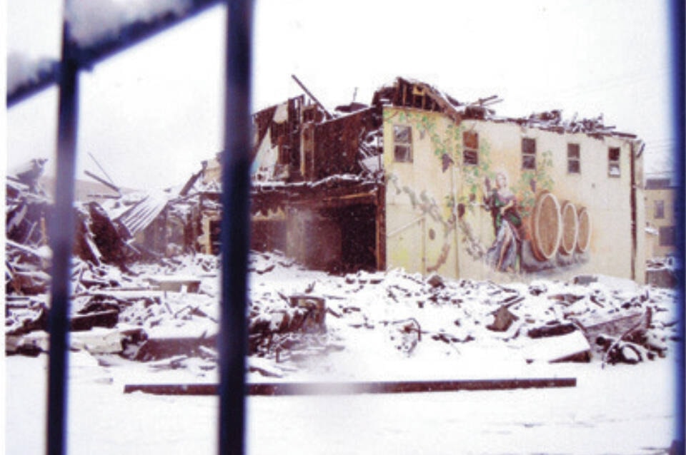 Last glimpse of Slack Alice’s and Bubblee’s Beer and Wine Store before they were demolished after a fire ripped through three businesses on Front Street Feb. 5, 2012. Ken Helms of Cawston took this photo of the heritage building prior to its final demolition. (Ken Helms photo)