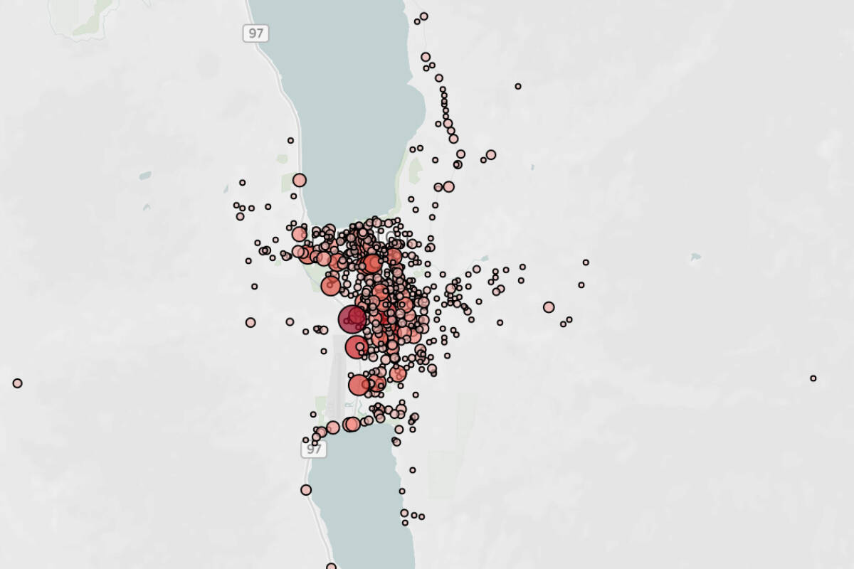Car accident map of Penticton from 2017 to 2021, courtesy of ICBCs latest crash statistics. (Photo- ICBC)