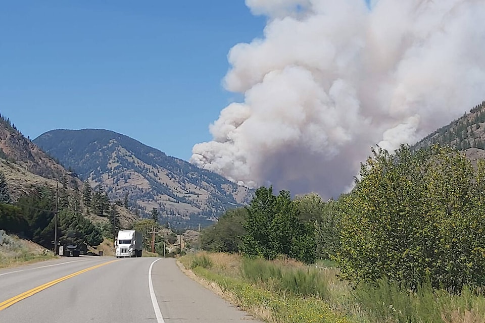 Dudley Gordon took this picture of the Keremeos Creek fire Sunday, July 31 while driving from Keremeos to Penticton on Highway 3A. (Facebook)