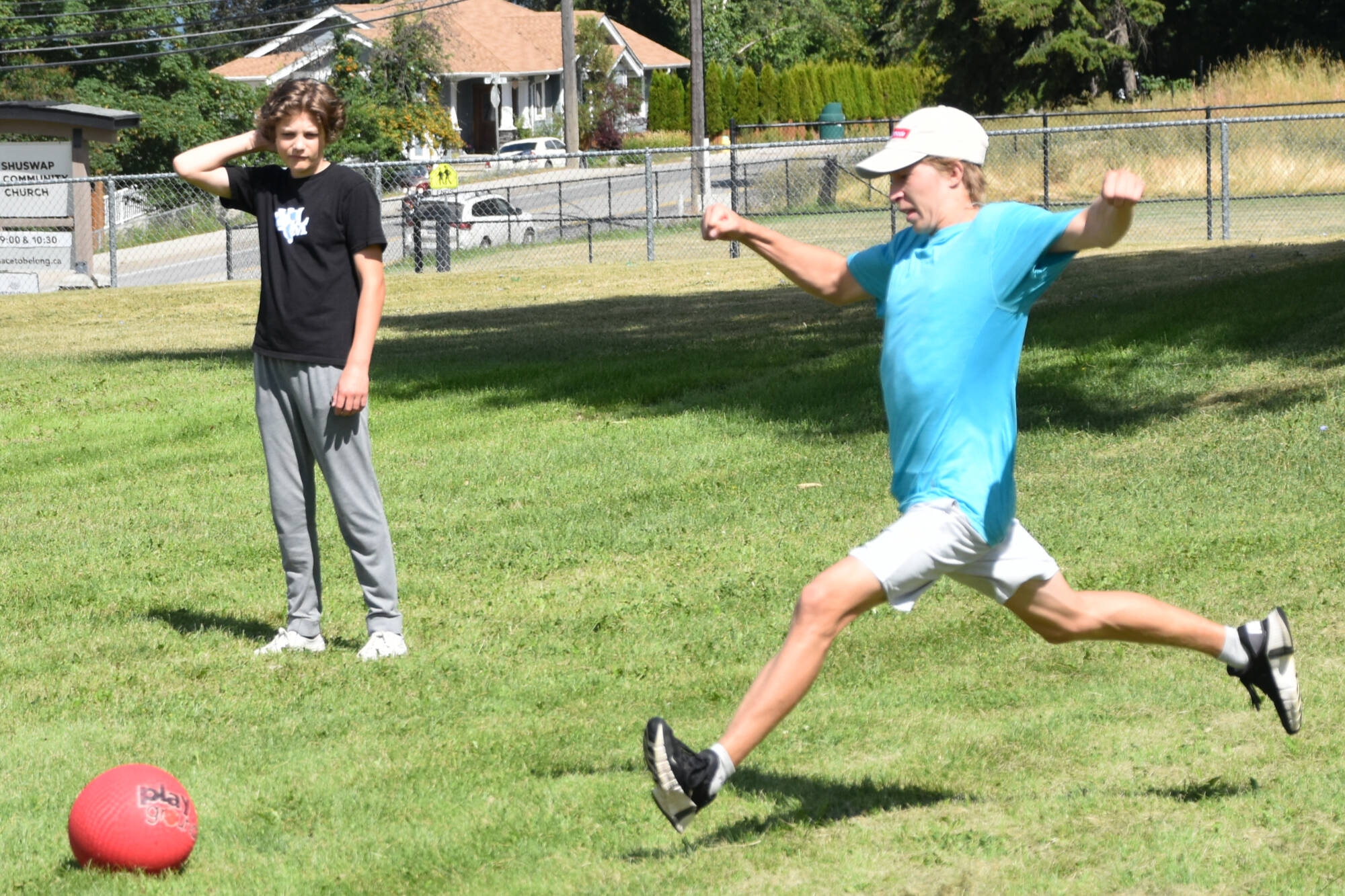 Participants at the BC Hockey Summer Officiating School in Salmon Arm from Aug. 4-8 take time out for a few games of kickball on Aug. 5, 2022. (Martha Wickett-Salmon Arm Observer)