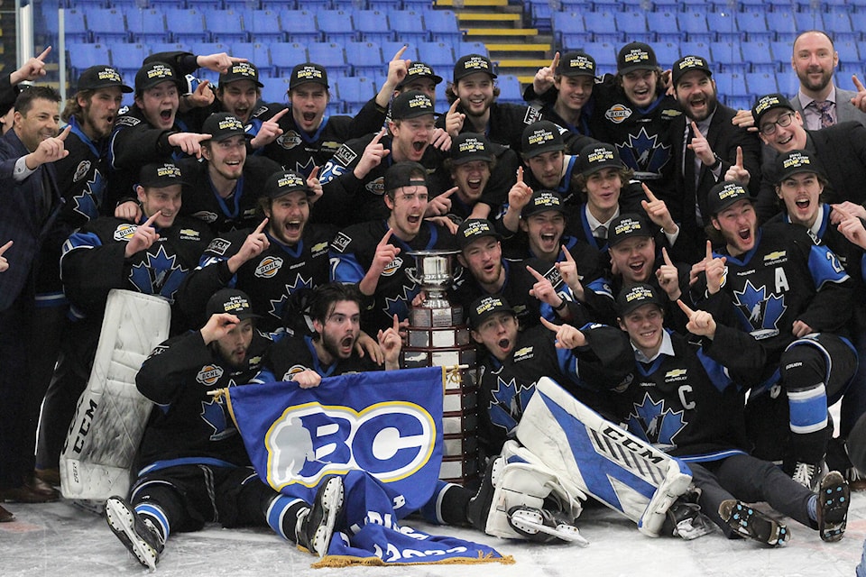The Penticton Vees celebrate winning the BCHL championship after sweeping the Nanaimo Clippers, winning Game 4 at Nanaimo’s Frank Crane Arena. (Greg Sakaki/Black Press Media)