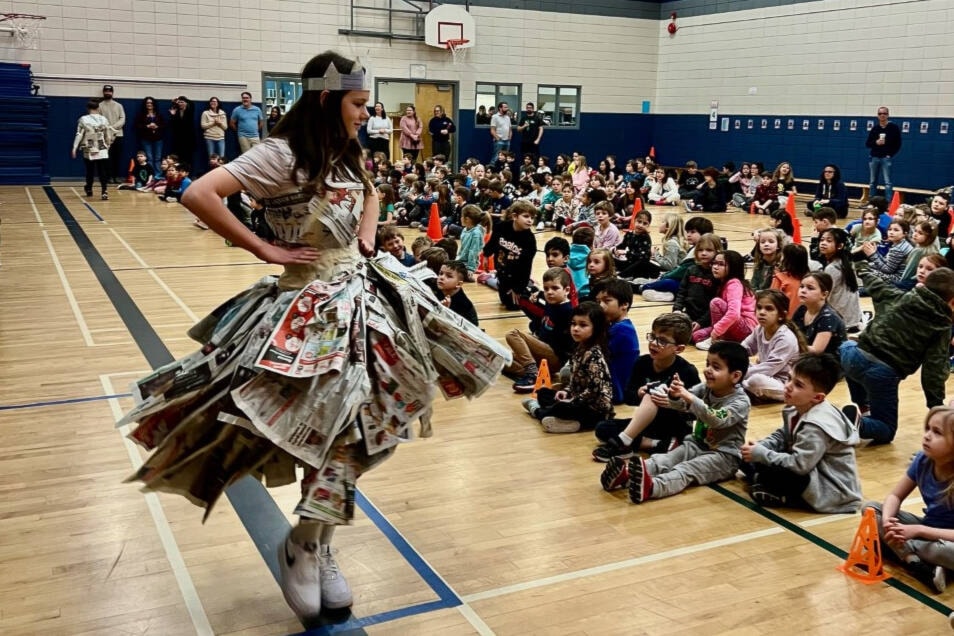 Kennedy Wicklund models her work of, er, newsprint during the Silver Star Elementary School Grade 6 and 7 Newspaper Fashion Show Thursday, March 2, in Vernon. (Lisa VanderVelde Photo)