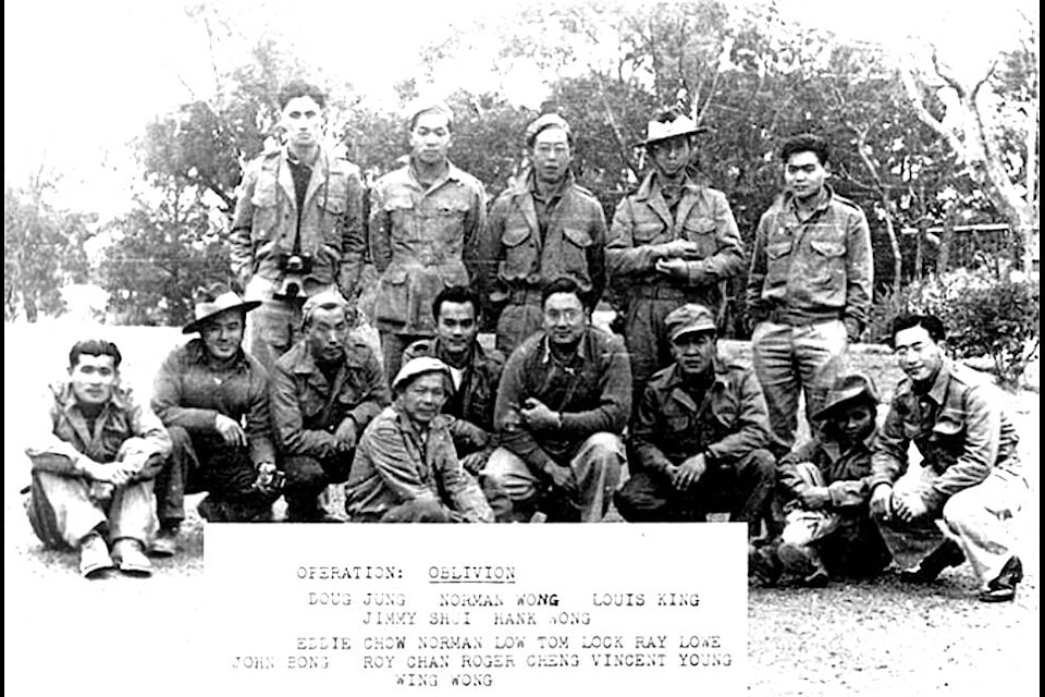 WW2 Chinese-Canadian soldiers at ‘Commando Bay’ near Naramata during the summer of 1944. Commando Bay was a training base for a special unit called Operation Oblivion where a select group of Chinese Canadian volunteer soldiers went through rigorous training to go behind enemy lines. These 13 soldiers were instrumental in driving the Japanese forces out. Only a plaque remains at the site. (Okanagan Historical Society/Greater Vernon Museum & Archives/Rick Wong)