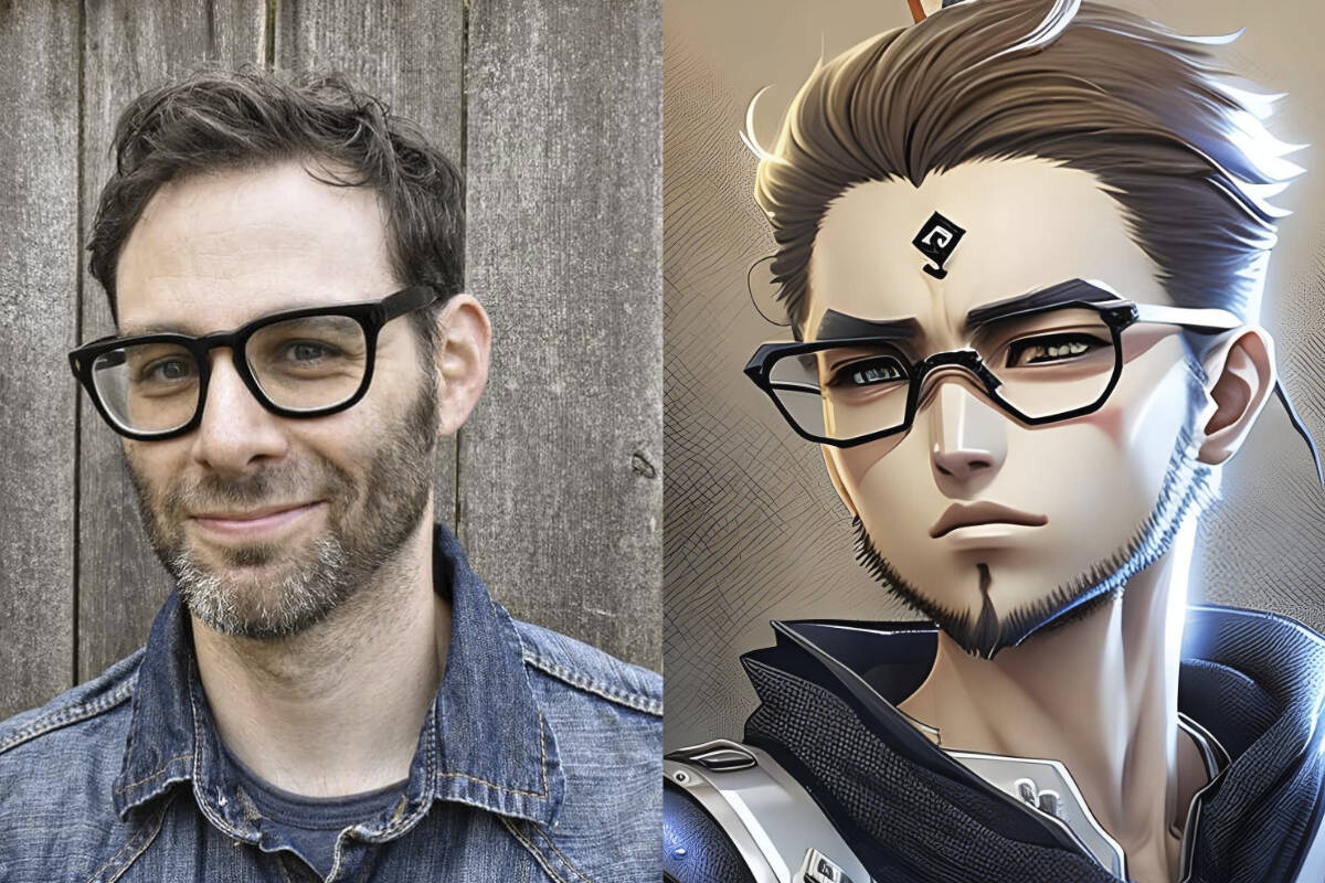 Avi Phillips, owner of Transform Your Org, is seen here with his anime-style doppleganger. The image on the right was generated by Phillips using AI software.