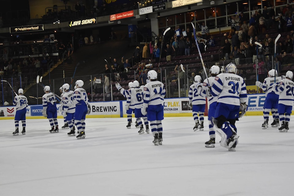 The Penticton Vees celebrate as they defeat the Salmon Arm Silverbacks 5-1 in Game No. 1 of the Interior Conference Finals. (Logan Lockhart- Western News)