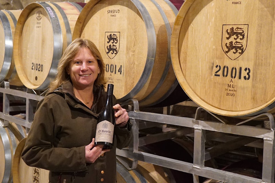 Head winemaker at O’Rourke Family Estate, Nikki Callaway, shows off her award-winning chardonnay. (Brittany Webster/Black Press)