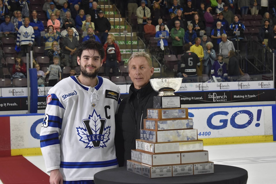 Penticton Vees captain Frank Djurasevic presented with the Ryan Hatfield Memorial Trophy. (Logan Lockhart- Western News)