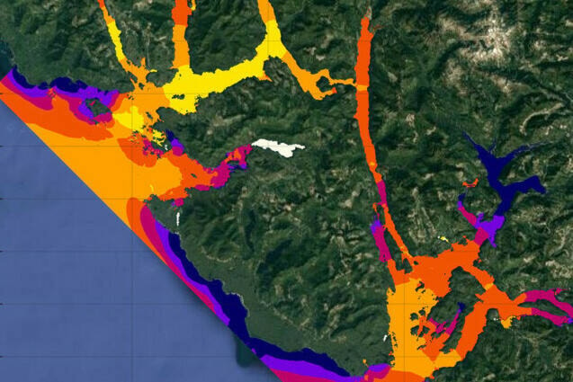 Modelling shows the wave amplitude in Esperanza Inlet and Nootka Sound following a hypothetical 9.0 magnitude earthquake in the Cascadia Subduction Zone. Photo courtesy Ocean Networks Canada
