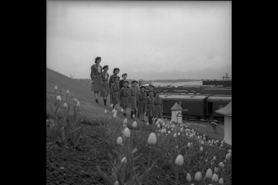 Revelstoke Girl Guides and Brownies at CPR Station, circa 1960. (Revelstoke Museum and Archives)