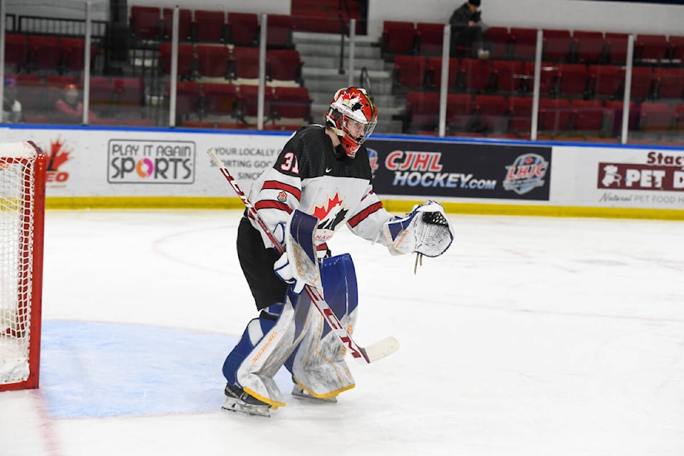 Winnipeg’s Andrew Ness backstopping Team Canada West at the 2022 World Junior ‘A’ Challenge in Cornwall, Ont. The 19-year-old will play for the Penticton Vees next season. (Robert Lefebvre / Hockey Canada Images)