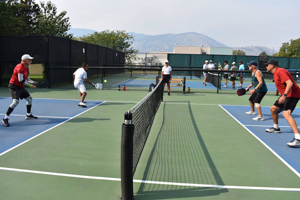 Mens doubles final at the Penticton Pickleball for Mental Health Tournament that saw 170 athletes from across B.C. participate and $30,000 raised for mental health services. (Monique Tamminga/Western News)