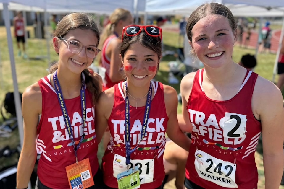 Penticton athletes at the 2024 BC Summer Games in Maple Ridge From left to right: left to right; Presley Hickie, Mya Kelly, and Ella Walker.