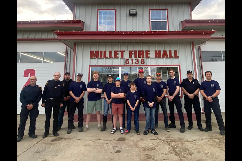Last year's Firefighter Education program was such a success the Millet fire department is ready to do it again. Applications are being taken until 4 p.m. on Feb. 28. L to R: Chief Steve Moen, retired chief Al Kilborn, fire fighter Dale Hofstra, fire fighter Braydon Sinclair-Smith, junior fire fighter Brody Pyle, junior fire fighter Micah Hendriks, junior fire fighter Hunter Brown, junior fire fighter Jachin Hofstra, junior fire fighter Carter Whitmore, junior fire fighter Ryman Hofstra, junior fire fighter Karson Chaney, fire fighter Adam Walters, fire fighter Garrett Rempel, fire fighter Donald Williams and fire fighter James Thompson.
