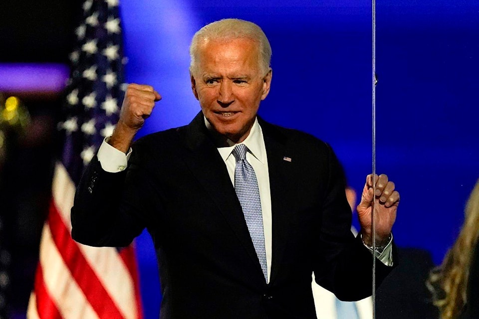 President-elect Joe Biden gestures to supporters Saturday, Nov. 7, 2020, in Wilmington, Del. (AP Photo/Andrew Harnik)