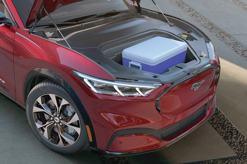 With no internal-combustion engine, the Mach-E gets a small front truck that has a drain. Yes, you can fill it with ice and use it as a cooler. PHOTO: FORD